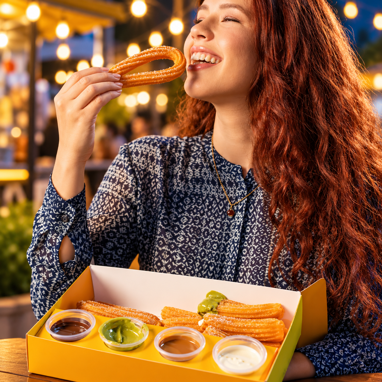 A customer enjoying a fresh loop churro with dipping sauces