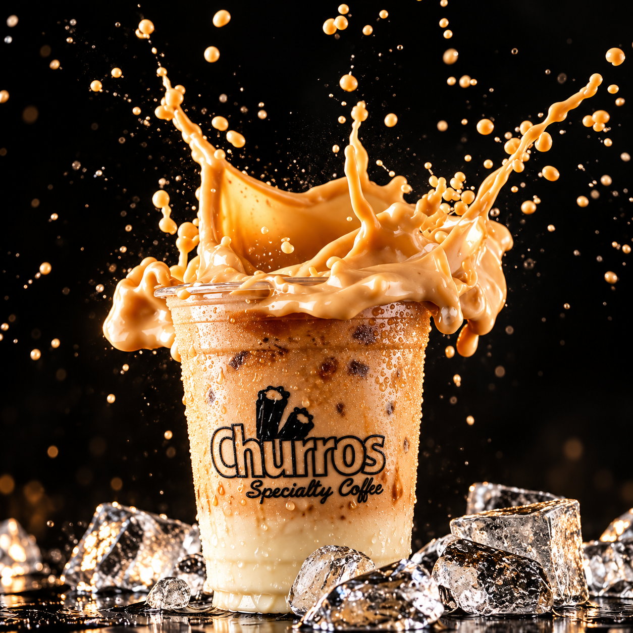 Churros Cafe iced specialty coffee surrounded by a dramatic coffee splash and ice