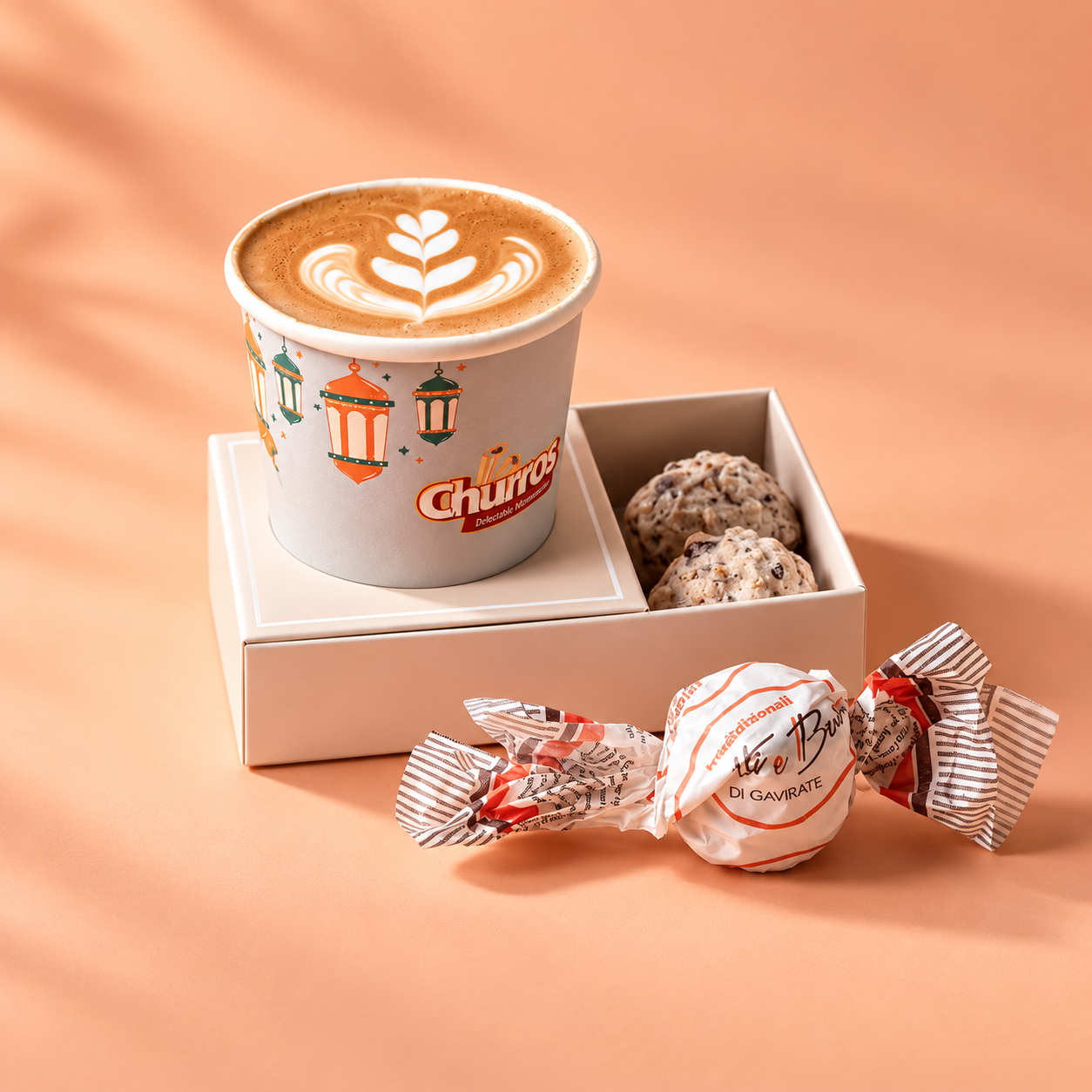 Churros Cafe latte and wrapped treats on a warm peach background