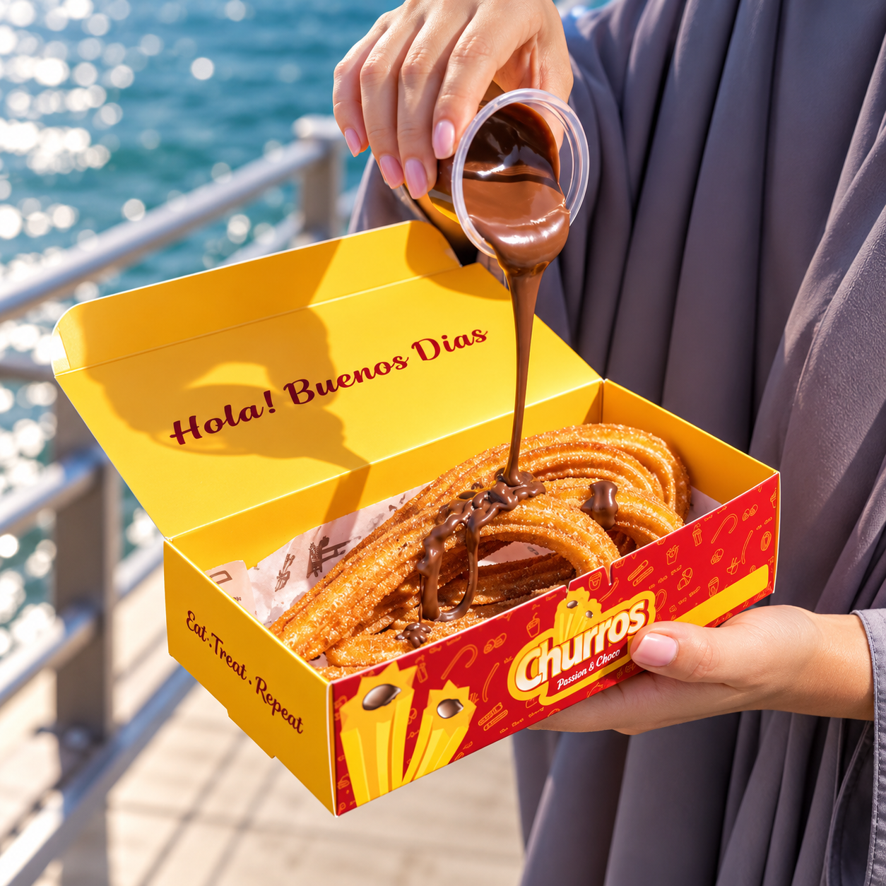 Chocolate being poured over fresh churros in a Churros Cafe box by the sea
